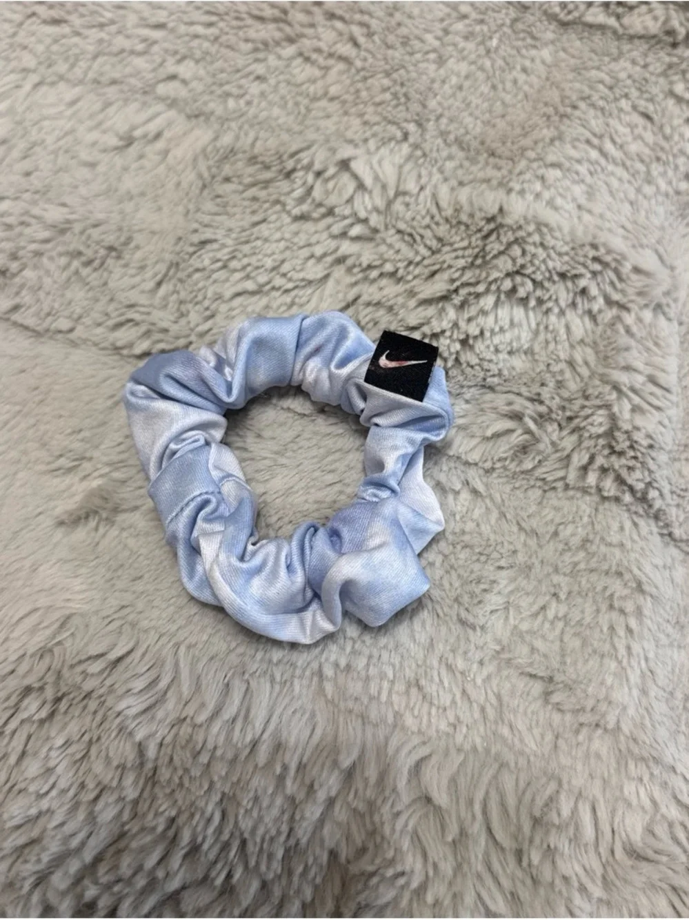 Nike Light Blue Satin Scrunchie with Black Swoosh Tag